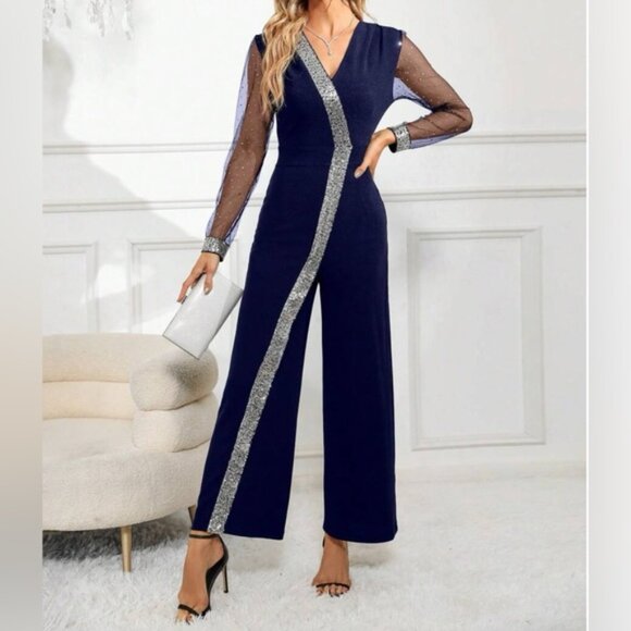 Navy Blue Mesh Sleeve Sequin Wide Leg Jumpsuit - Picture 2 of 8
